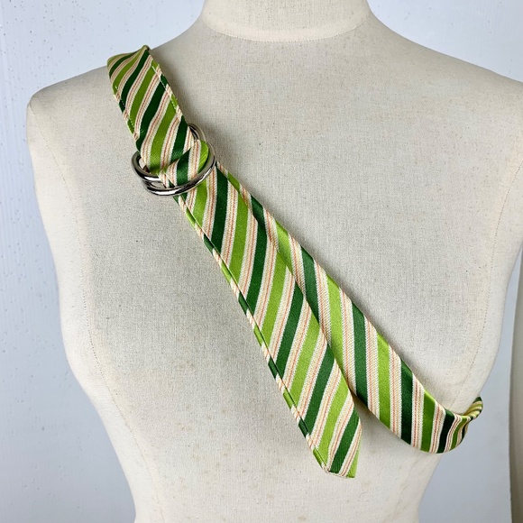 J Crew Silk Fabric Belt M L Green Pink Diagonal Stripes D Ring Slide Excellent - Picture 11 of 11